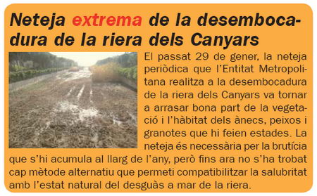 Notícia publicada al número 55 de la publicació L'ERAMPRUNYA (Març de 2008) sobre l'extrema neteja realitzada a finals de gener de 2008 a la Riera dels Canyars de Gavà Mar